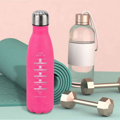 Edelstahl-Trinkflasche mit Motivations-Skala als Trink-Erinnerung (pink)
