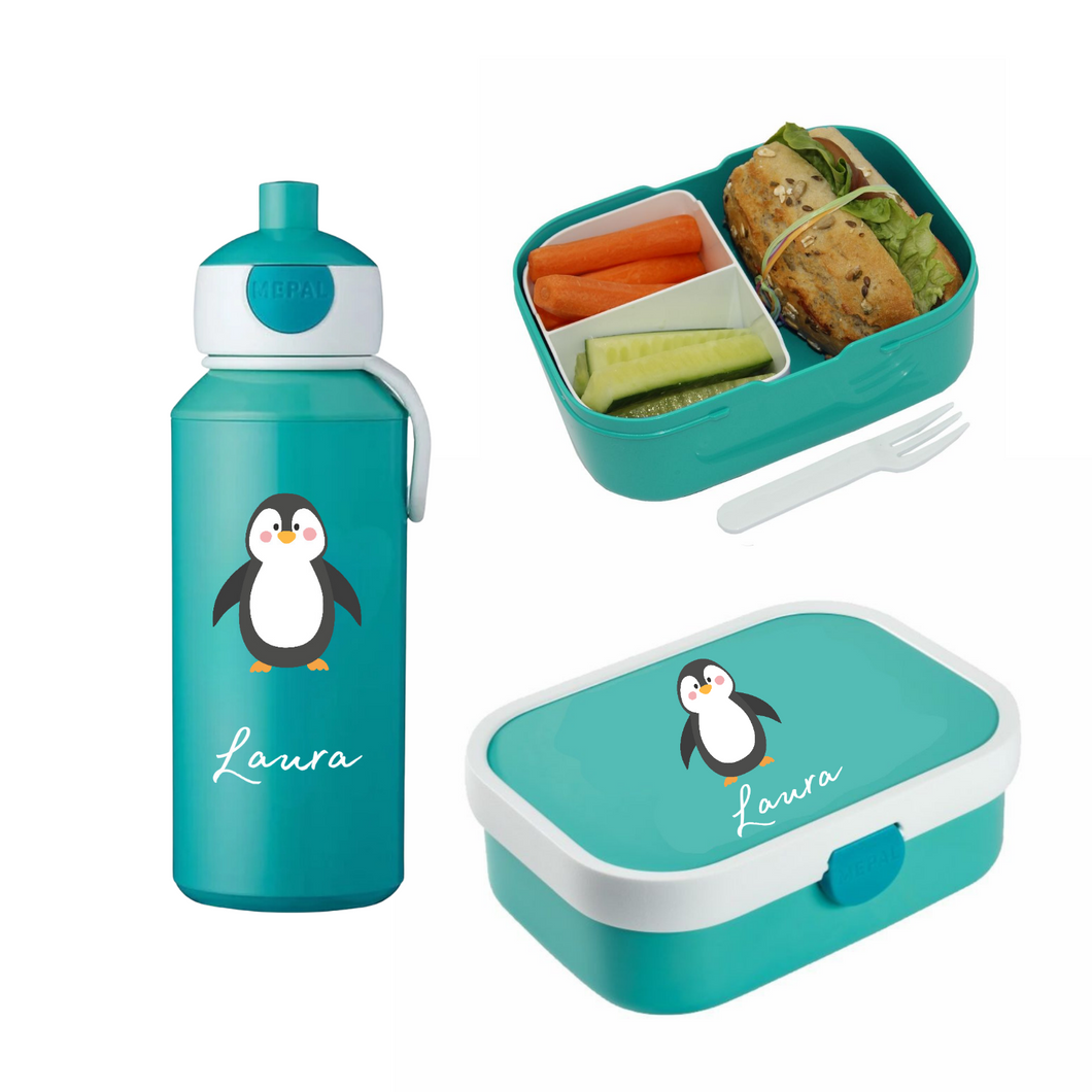 Pinguin Rosti Mepal Brotdosen Campus mit Bento Einsatz und Trinkflaschen Campus Pop-up 400 ml personalisert mit Namen | Geschenkidee für Kinder | Geschenk zur Einschulung | zum 1. Schultag | Kindergarten Ausstattung personalisierte originelle Geschenke Schulkind 2024 2025 Geburtstagsgeschenk für Neffe Nichte Enkel Mädchen Junge 3 4 5 6 7 8 Jahre Sportflasche Digitaldruck Sublimation Fotogeschenke Schulzubehör Schultasche Sporttasche 