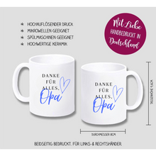 Lade das Bild in den Galerie-Viewer, Tasse &quot;Danke für alles Opa&quot; Sublimation, Digitaldruck, Keramik Vatertag 2024 2025 2026 Geschenkideen zum 1. Vatertag für Väter Dad Tassen mit Spruch cool witzig romantisch frech selbst gestalten für Großeltern Papa Opa Oma kleine Aufmerksamkeit Dankeschön Mitbringsel Kollegen Freunde Chef Chefin Kollegin Frauen Männer Kinder Geschwister Bruder Schwester Mütter Muttertag Arbeit Büro 
