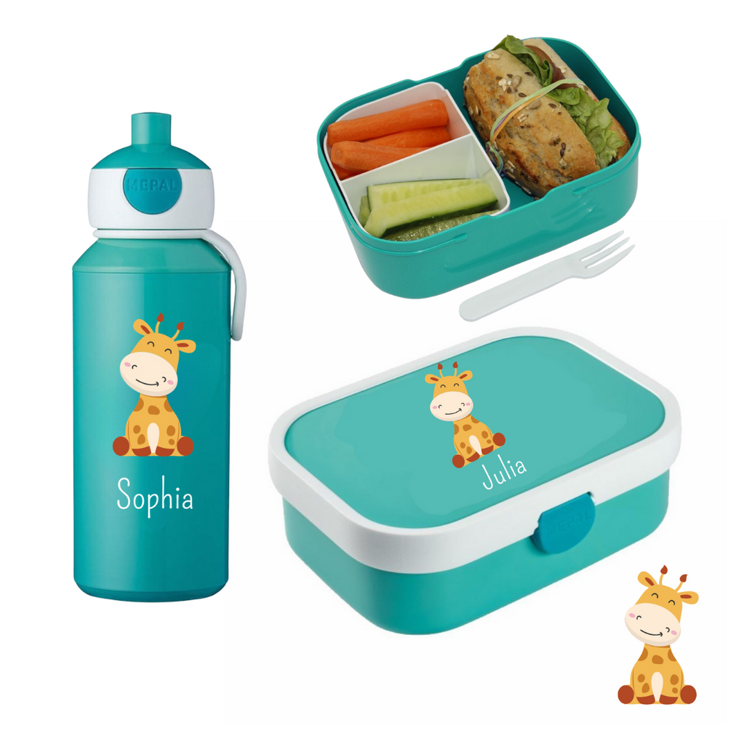 Giraffe Rosti Mepal Brotdosen Campus mit Bento Einsatz und Trinkflaschen Campus Pop-up 400 ml personalisert mit Namen | Geschenkidee für Kinder | Geschenk zur Einschulung | zum 1. Schultag | Kindergarten Ausstattung personalisierte originelle Geschenke Schulkind 2024 2025 Geburtstagsgeschenk für Neffe Nichte Enkel Mädchen Junge 3 4 5 6 7 8 Jahre Sportflasche Digitaldruck Sublimation Fotogeschenke Schulzubehör Schultasche Sporttasche 