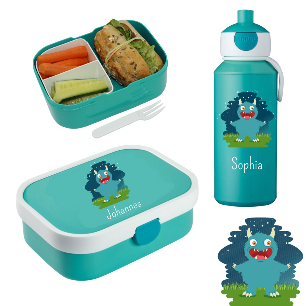 Monster Rosti Mepal Brotdosen Campus mit Bento Einsatz und Trinkflaschen Campus Pop-up 400 ml personalisert mit Namen | Geschenkidee für Kinder | Geschenk zur Einschulung | zum 1. Schultag | Kindergarten Ausstattung personalisierte originelle Geschenke Schulkind 2024 2025 Geburtstagsgeschenk für Neffe Nichte Enkel Mädchen Junge 3 4 5 6 7 8 Jahre Sportflasche Digitaldruck Sublimation Fotogeschenke Schulzubehör Schultasche Sporttasche