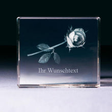 Lade das Bild in den Galerie-Viewer, Glasblock &quot;Rose - mit Wunschtext&quot; | Einzigartige Geschenke, mit Fotos, Individuelle Designs, Lasergravur, Hochwertige Gravur, Umweltschutz-Geschenke, Kulturelles, Umweltfreundlich, Kunst, Naturliebhaber, Sehenswürdikeiten Geschichte, 3D-Geschenke aus Glas, Kristallgravur, 3D-Glasgravur, 3D-Modellierung in Glas, Hochwertiges Kristallglas, Erinnerungsstücke, Mitbringsel für Ärzte Akademiker Studenten, kleine Aufmerksamkeit, edle Geschenkideen,  clarisso vision | Religiöses | Musiker | Geschenk Helden
