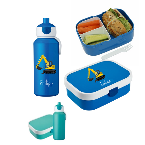 Bagger Rosti Mepal Brotdosen Campus mit Bento Einsatz und Trinkflaschen Campus Pop-up 400 ml personalisert mit Namen | Geschenkidee für Kinder | Geschenk zur Einschulung | zum 1. Schultag | Kindergarten Ausstattung personalisierte originelle Geschenke Schulkind 2024 2025 Geburtstagsgeschenk für Neffe Nichte Enkel Mädchen Junge 3 4 5 6 7 8 Jahre Sportflasche Digitaldruck Sublimation Fotogeschenke Schulzubehör Schultasche Sporttasche 