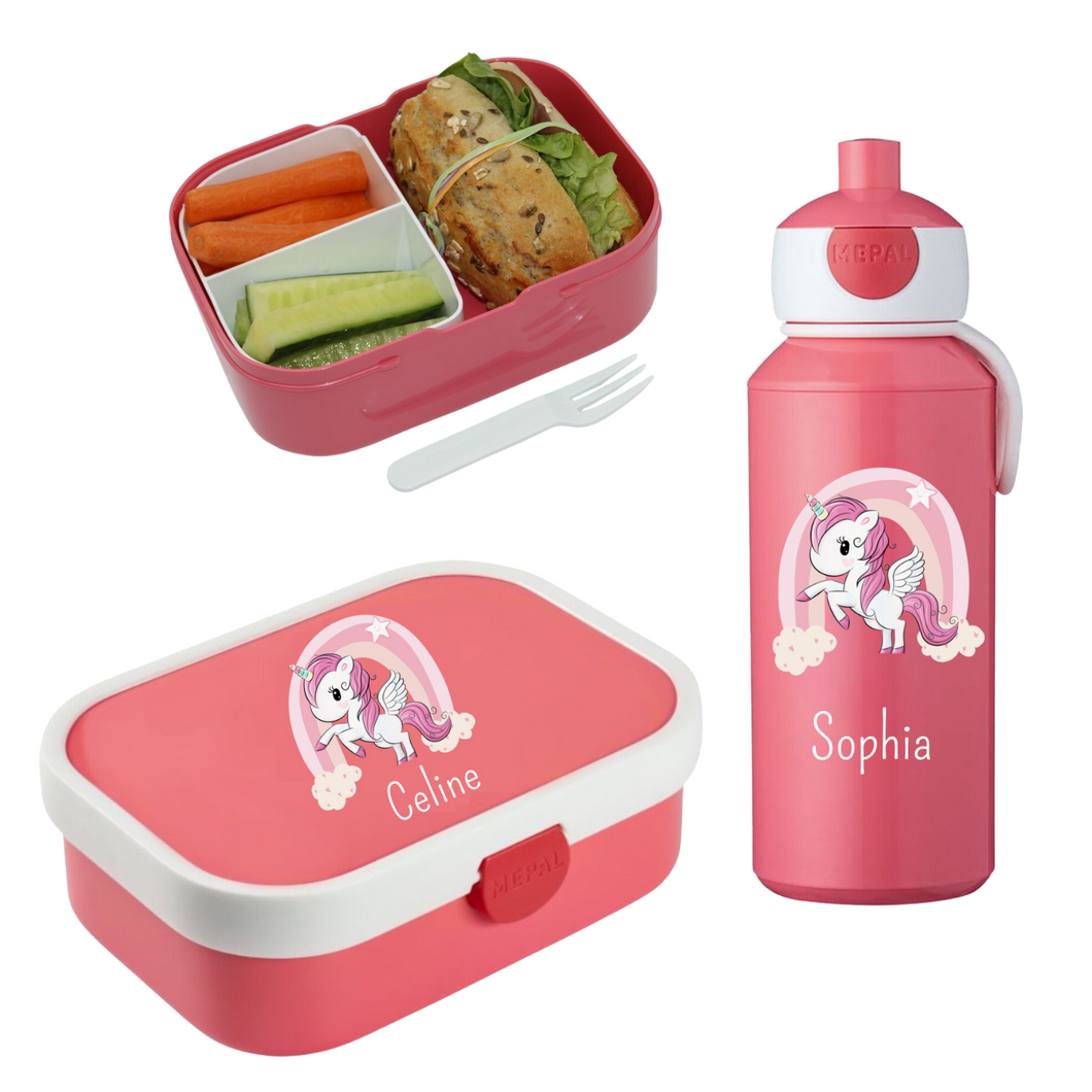 Einhorn Rosti Mepal Brotdosen Campus mit Bento Einsatz und Trinkflaschen Campus Pop-up 400 ml personalisert mit Namen | Geschenkidee für Kinder | Geschenk zur Einschulung | zum 1. Schultag | Kindergarten Ausstattung personalisierte originelle Geschenke Schulkind 2024 2025 Geburtstagsgeschenk für Neffe Nichte Enkel Mädchen Junge 3 4 5 6 7 8 Jahre Sportflasche Digitaldruck Sublimation Fotogeschenke Schulzubehör Schultasche Sporttasche Kindergeschirr für Mädchen