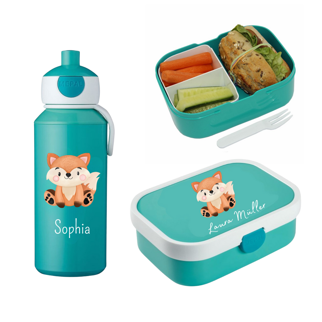 Fuchs Rosti Mepal Brotdosen Campus mit Bento Einsatz und Trinkflaschen Campus Pop-up 400 ml personalisert mit Namen | Geschenkidee für Kinder | Geschenk zur Einschulung | zum 1. Schultag | Kindergarten Ausstattung personalisierte originelle Geschenke Schulkind 2024 2025 Geburtstagsgeschenk für Neffe Nichte Enkel Mädchen Junge 3 4 5 6 7 8 Jahre Sportflasche Digitaldruck Sublimation Fotogeschenke Schulzubehör Schultasche Sporttasche Brotdose mit Bento Einsatz