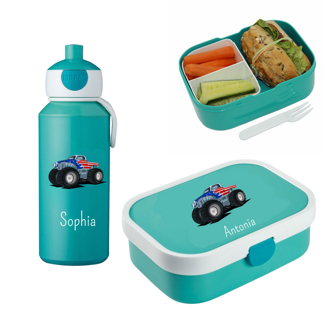 Monstertruck Rosti Mepal Brotdosen Campus mit Bento Einsatz und Trinkflaschen Campus Pop-up 400 ml personalisert mit Namen | Geschenkidee für Kinder | Geschenk zur Einschulung | zum 1. Schultag | Kindergarten Ausstattung personalisierte originelle Geschenke Schulkind 2024 2025 Geburtstagsgeschenk für Neffe Nichte Enkel Mädchen Junge 3 4 5 6 7 8 Jahre Sportflasche Digitaldruck Sublimation Fotogeschenke Schulzubehör Schultasche Sporttasche 