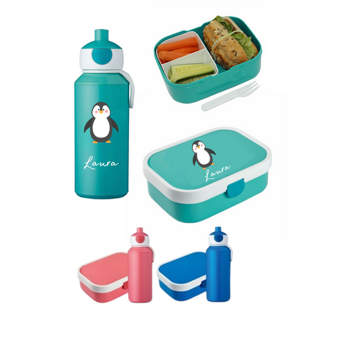 Pinguin Rosti Mepal Brotdosen Campus mit Bento Einsatz und Trinkflaschen Campus Pop-up 400 ml personalisert mit Namen | Geschenkidee für Kinder | Geschenk zur Einschulung | zum 1. Schultag | Kindergarten Ausstattung personalisierte originelle Geschenke Schulkind 2024 2025 Geburtstagsgeschenk für Neffe Nichte Enkel Mädchen Junge 3 4 5 6 7 8 Jahre Sportflasche Digitaldruck Sublimation Fotogeschenke Schulzubehör Schultasche Sporttasche 