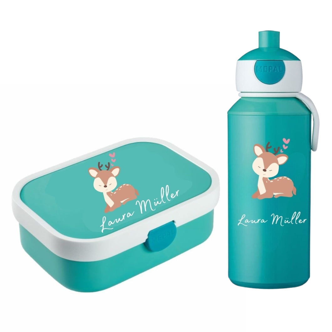 Reh Bambi Rosti Mepal Brotdosen Campus mit Bento Einsatz und Trinkflaschen Campus Pop-up 400 ml personalisert mit Namen | Geschenkidee für Kinder | Geschenk zur Einschulung | zum 1. Schultag | Kindergarten Ausstattung personalisierte originelle Geschenke Schulkind 2024 2025 Geburtstagsgeschenk für Neffe Nichte Enkel Mädchen Junge 3 4 5 6 7 8 Jahre Sportflasche Digitaldruck Sublimation Fotogeschenke Schulzubehör Schultasche Sporttasche