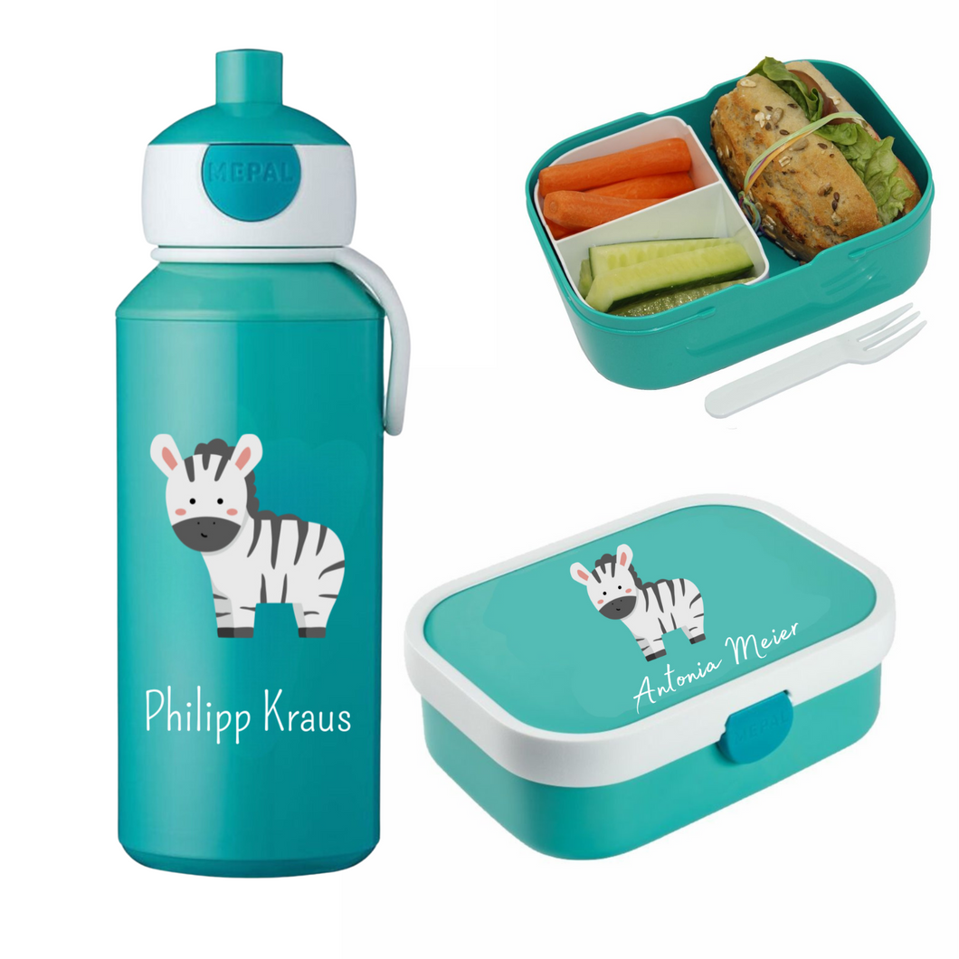 Zebra Rosti Mepal Brotdosen Campus mit Bento Einsatz und Trinkflaschen Campus Pop-up 400 ml personalisert mit Namen | Geschenkidee für Kinder | Geschenk zur Einschulung | zum 1. Schultag | Kindergarten Ausstattung personalisierte originelle Geschenke Schulkind 2024 2025 Geburtstagsgeschenk für Neffe Nichte Enkel Mädchen Junge 3 4 5 6 7 8 Jahre Sportflasche Digitaldruck Sublimation Fotogeschenke Schulzubehör Schultasche Sporttasche 