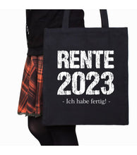 Lade das Bild in den Galerie-Viewer,  Baumwolltasche &quot;Rente 2023 - Ich habe fertig!&quot; Abschiedsgeschenk für Kollegen zum Renteneintritt lustig witzig Rentnersprüche rentner geschenke mann frau kollegin chef ausbilder meister bauleiter ruhestand renteneintritt pension firmenaustritt jubiläum 
