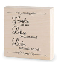 Lade das Bild in den Galerie-Viewer, Holzbild &quot;Familie ist, wo Leben beginnt und Liebe niemals endet.&quot; Geschenk zum Geburtstag, Geschenke für Frauen und Männer ihr dein foto auf holz gedruckt Brillanter Direktdruck auf Premium-Echtholzplatte personalisierte Leinwand fotogeschenke wandeko wandbild holzdeko Einzigartige Geschenke Freunde sind wie Sterne mit Spruch Sprüche Ostergeschenk Mitbringsel zum Einzug Umzug Richtfest Dekotrends Muttertag Vatertag 2023 2024 2025 Muttertagsgeschenk Vatertagsgeschenk
