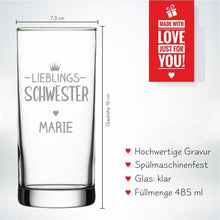 Lade das Bild in den Galerie-Viewer, personalisiertes Glas &quot;Lieblings-Schwester&quot; mit Name | schenkstore.de | Geschwister Geschenk Ideen originelle Gravur
