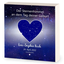 Lade das Bild in den Galerie-Viewer, personalisiertes Holz Bild &quot;Sternenhimmel&quot; Hochzeitsgeschenk Hochzeitstag Geburtstag Sternenkarte bestimmter Tag Zeit Nachthimmel Poster Leinwand persönlich Jahrestag zur Geburt Taufe Abitur thestars Astronomisch korrekt Astronomie Text kunst Erinnerungen Geschenke mit Widmung zum Jahrestag ersten kuss treffen verlobung geburt des babys kindes freude schenken Valentinstag romantisch originell für frau mann partner ehemann ehefrau freundin freund sohn tochter kind baby unikat einzigartig | schenkstore.de
