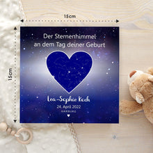 Lade das Bild in den Galerie-Viewer, personalisiertes Holz Bild &quot;Sternenhimmel&quot; Hochzeitsgeschenk Hochzeitstag Geburtstag Sternenkarte bestimmter Tag Zeit Nachthimmel Poster Leinwand persönlich Jahrestag zur Geburt Taufe Abitur thestars Astronomisch korrekt Astronomie Text kunst Erinnerungen Geschenke mit Widmung zum Jahrestag ersten kuss treffen verlobung geburt des babys kindes freude schenken Valentinstag romantisch originell für frau mann partner ehemann ehefrau freundin freund sohn tochter kind baby unikat einzigartig | schenkstore.de
