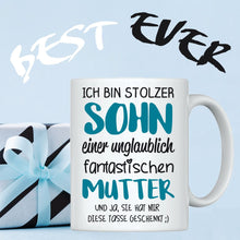 Lade das Bild in den Galerie-Viewer, Tasse &quot;Ich bin stolzer Sohn einer unglaublich fantastischen Mutter&quot;  | Muttertagsgeschenk | Muttertag 2023 2024 2025 | Geschenkidee für beste Mama Mutter Mum | zum Geburtstag | Nikolausgeschenk Weihnachtsgeschenk für Frauen | originelle Präsente Kaffeeliebhaber
